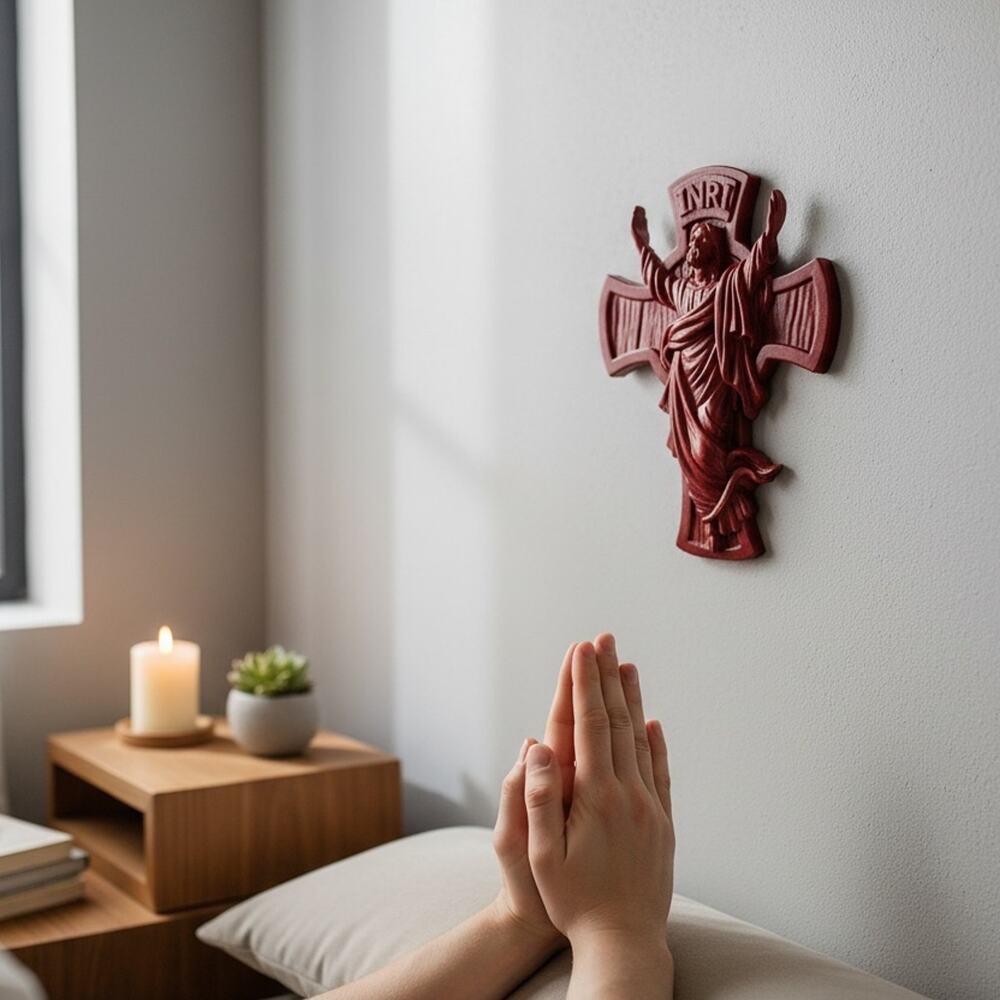 Burgundy Catholic Cross Wall Decor Faith Inspired Home Accent Handcrafted Resin - Picture 5 of 5